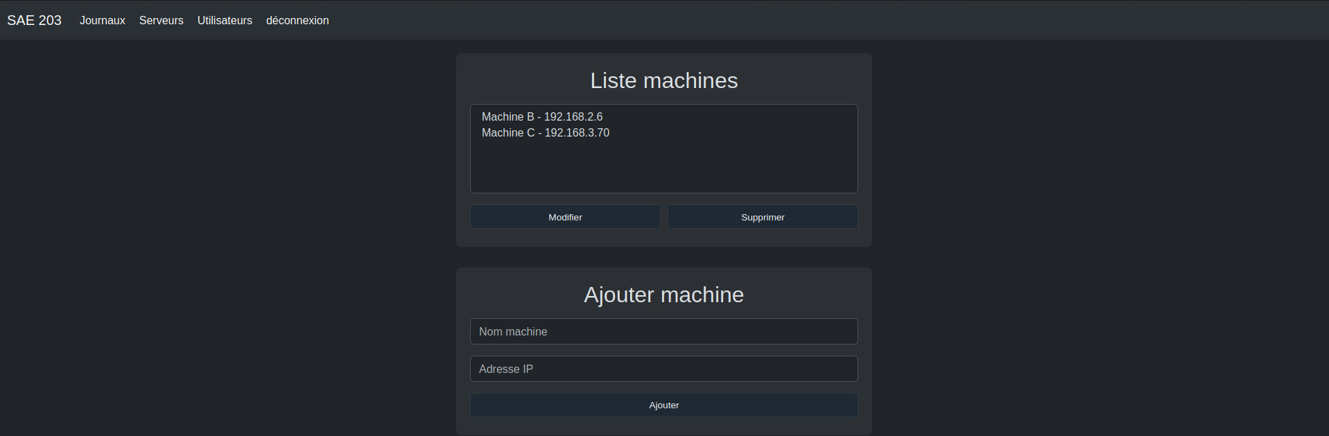 page de gestion des serveurs